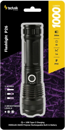Genopladelig lommelygte Technik MT-P26 med USB‑C, zoom og SOS/stroboskop-funktioner