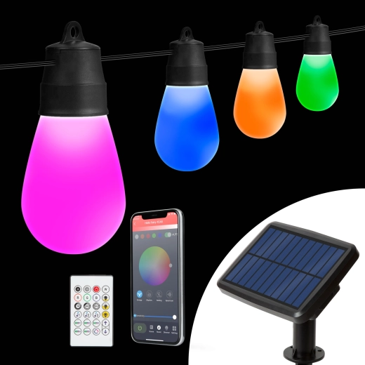 Solcelledningslyskæde med 15 RGBIC-LED-pærer, 6,5 m, Bluetooth