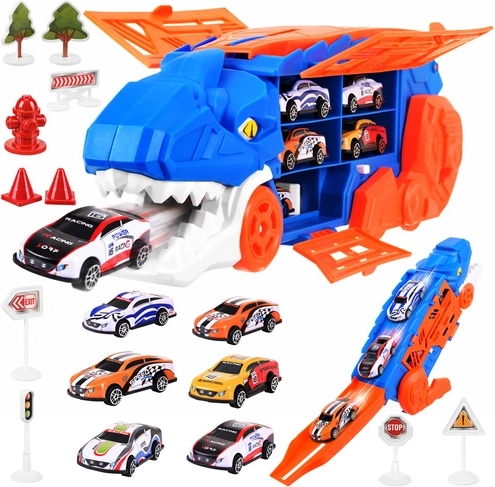 Dinosaurtransportør T-Rex med racerbane og 6 biler
