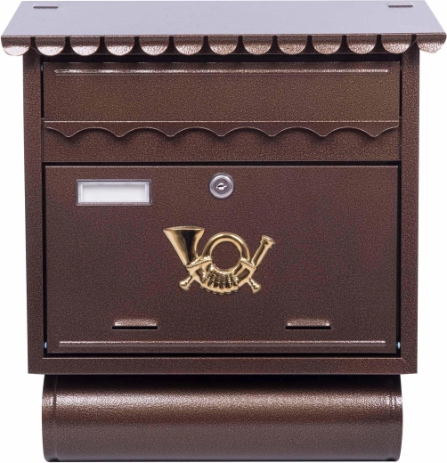 Postkasse med firkantet tag og avistube, brun antik