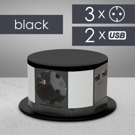 Udklappelig indbygget forlængerudtag med 3 stikkontakter, USB-A og USB-C, sort