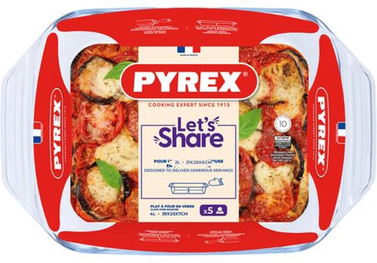 Glasbageform med håndtag Pyrex 39 × 25 cm, 4 l, borosilikat