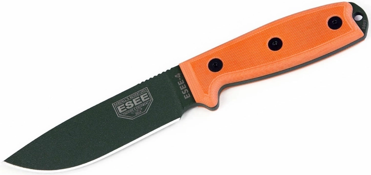 ESEE 4P OD universalkniv 11,4 cm, sort finish, orange G10-greb, plastskede
