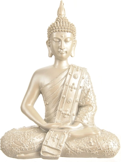 Sølvfarvet Buddha-figur i polystone 27 cm