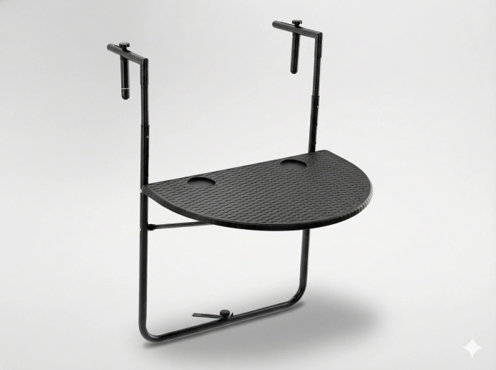 Hængende sammenklappeligt altanbord, halvcirkelformet, sort rattanlook