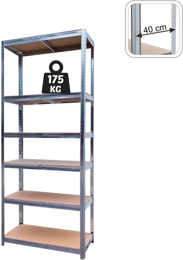 Metalreol 180 × 90 × 40 cm, 6 hylder, bæreevne 175 kg pr. hylde