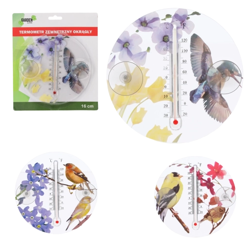 Udendørs rundt termometer med fuglemotiv 16,5 cm