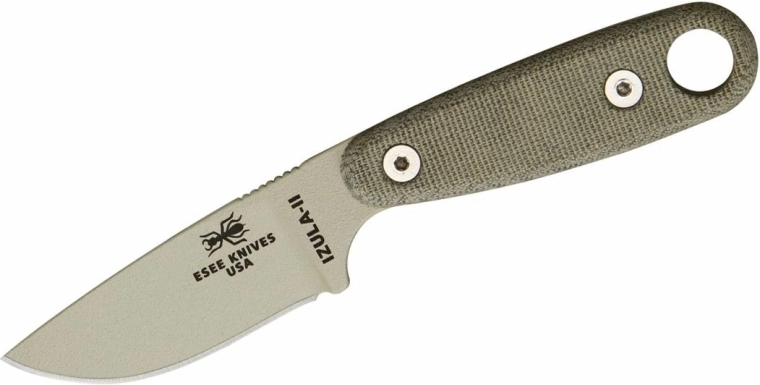 ESEE Izula II Desert Tan overlevelseskniv med micarta og skede