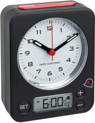 Trådløs vækkeur TFA COMBO med digital indstilling, sort–rød