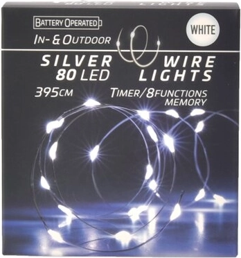 LED-lyskæde på tråd med timer 80 LED, hvid (ind/ud)
