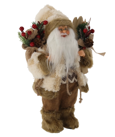 Julefigur Santa i beige frakke med ski 30 cm