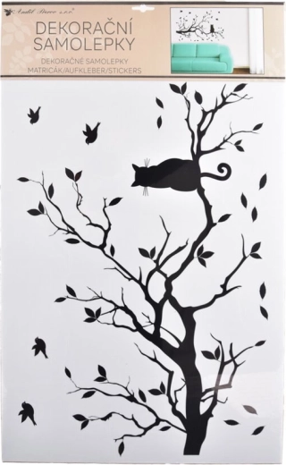 Vægklistermærke gren med kat sort 60 × 42 cm