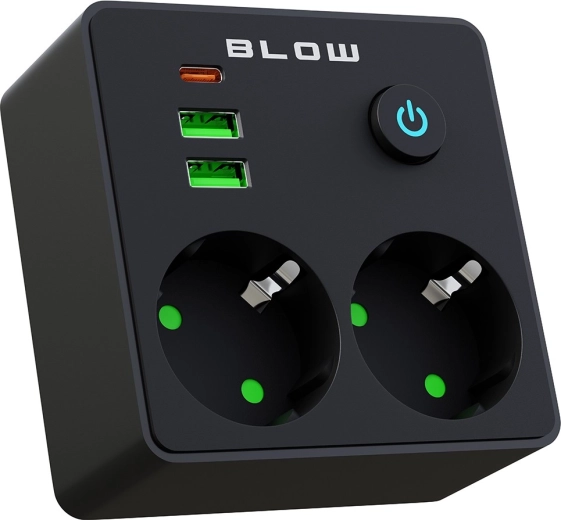 BLOW stikdåseadapter med 2 stikkontakter, 2× USB og USB-C, sort