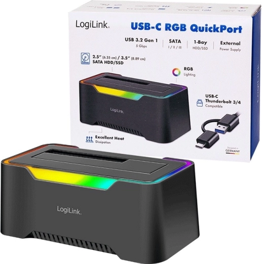 LogiLink dockingstation USB‑C 3.2 Gen 1 til 2,5"/3,5" SATA HDD/SSD med RGB