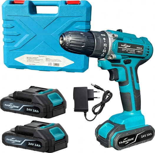 Akku boremaskine og skruetrækker 24 V med kuffert og 2× 3 Ah batterier