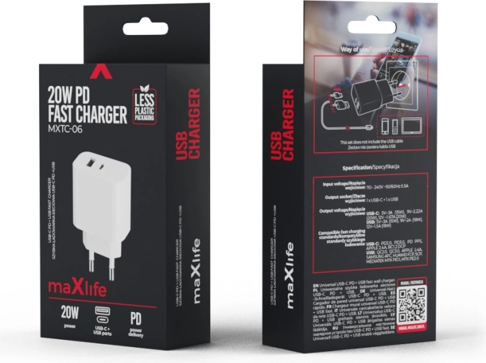 Maxlife oplader PD/QC 20 W, 1× USB‑C + 1× USB, hvid