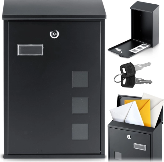 Postkasse i metal 39,5 × 25,5 × 12 cm sort med topindkast
