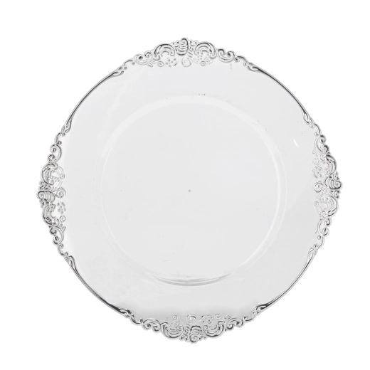Rund dekorativ under-tallerken 33 cm transparent med sølveffekt - 1 stk.