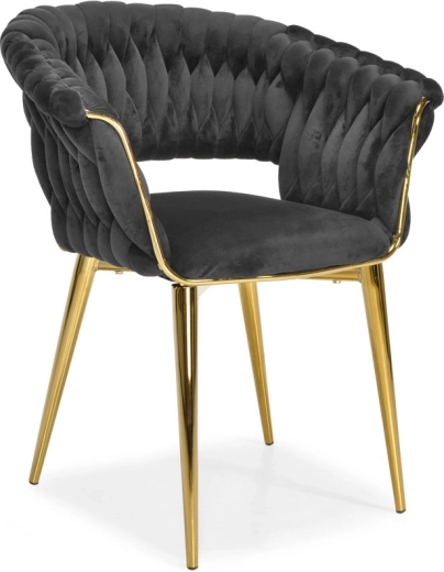 Polstret fløjlsstol til spisestue og stue, sort med gyldne ben og flettet ryglæn