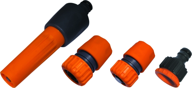 Sæt med tilbehør til havevandslange 5‑delt 1/2" og 5/8" med justerbar dyse og lynkoblinger
