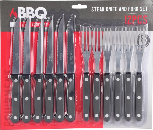 BBQ steakbestik i rustfrit stål, 12-delt sæt