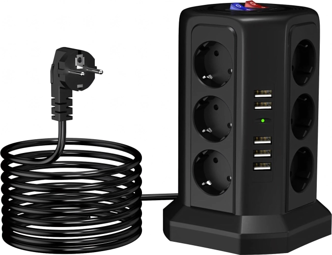 Stående overspændingsbeskyttet forlænger med 12 stik + 5 USB med reset