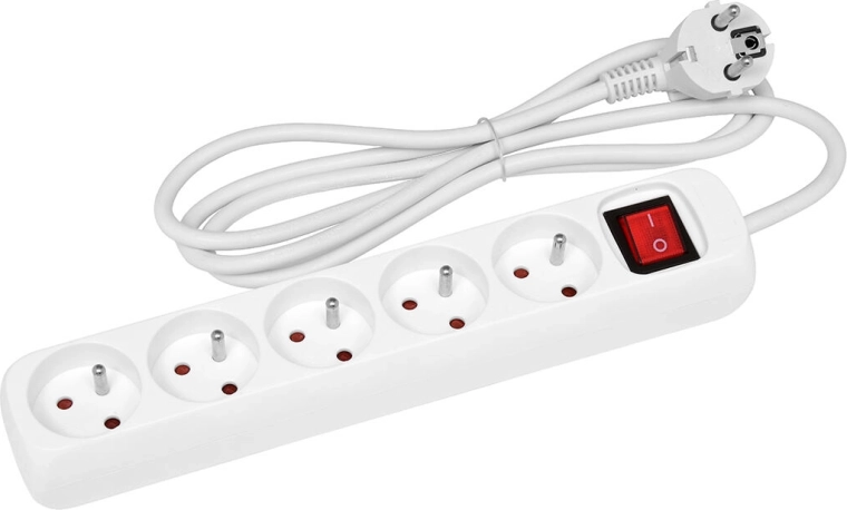 Forlængerledning 3 m, 5 udtag med afbryder, hvid