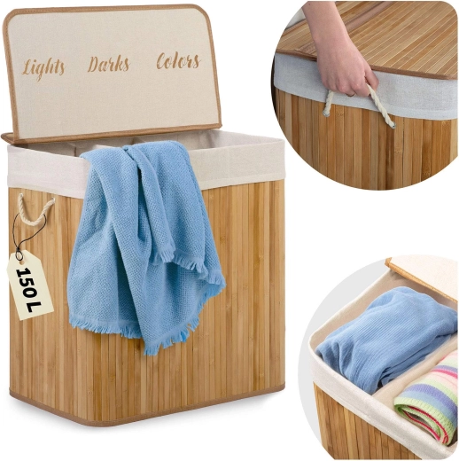 Bambusvasketøjskurv 150 l med 3 rum og låg MASSIDO