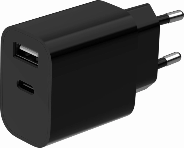 Universel netoplader med 2 porte (USB-A + USB-C), 2,4 A, sort