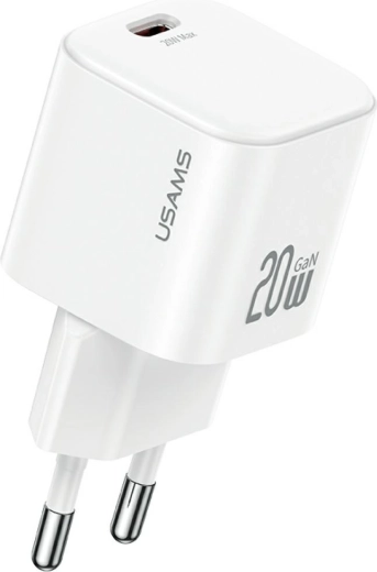 USAMS JO Series 20W GaN vægoplader USB-C + USB-C/Lightning-kabel 1 m hvid
