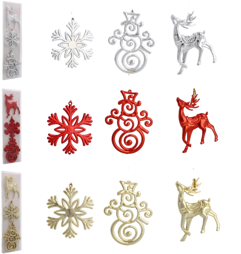 Sæt med julepynt – rensdyr, snefnug og snemand, blank farvemix