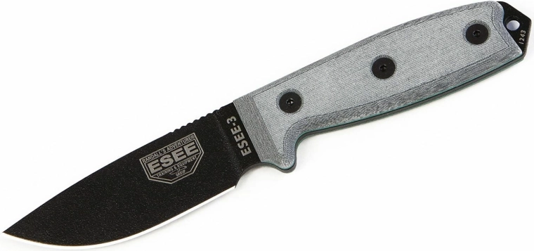 Universalkniven ESEE 3P, sort klinge, grå Micarta, hylster Coyote Tan