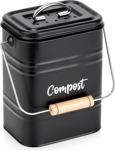 Køkkenkompostbeholder med kulfilter, metal, sort, 5 l