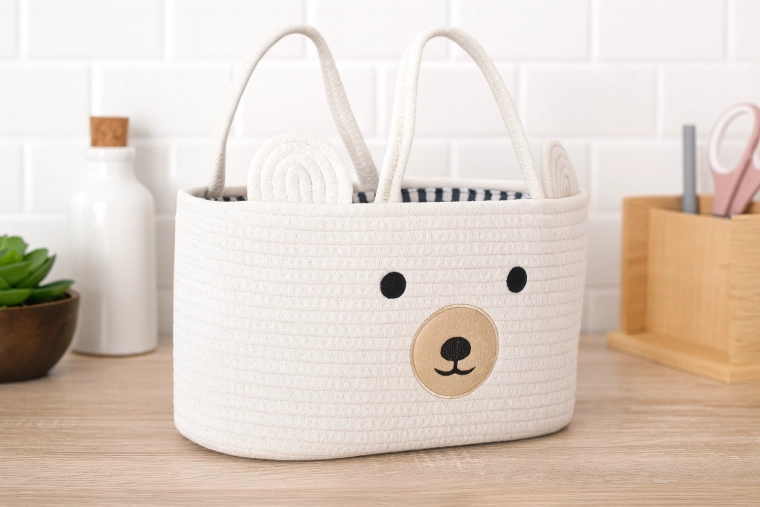 Hvid tekstilkurv til legetøj formet som en bjørn med håndtag 35 × 25 × 21 cm