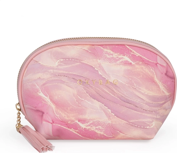 Rejsetoilette rund kosmetikpung med marmorlook, lyserød