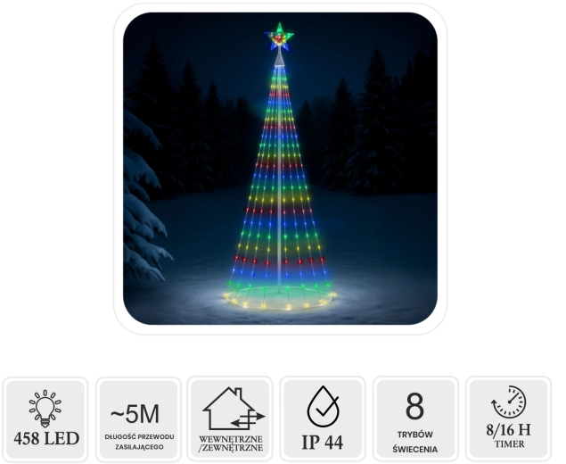 LED kegleformet juletræ med stjerne 3 m, 458 LED, multicolor, til indendørs og udendørs brug