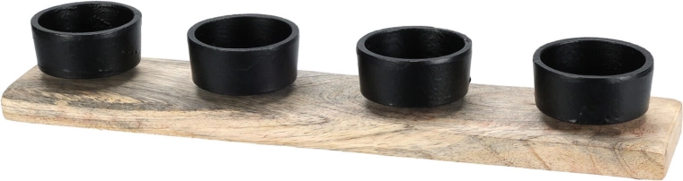 Lysestage til fire lys af træ og metal, sort, 30,5 × 6 × 4,5 cm