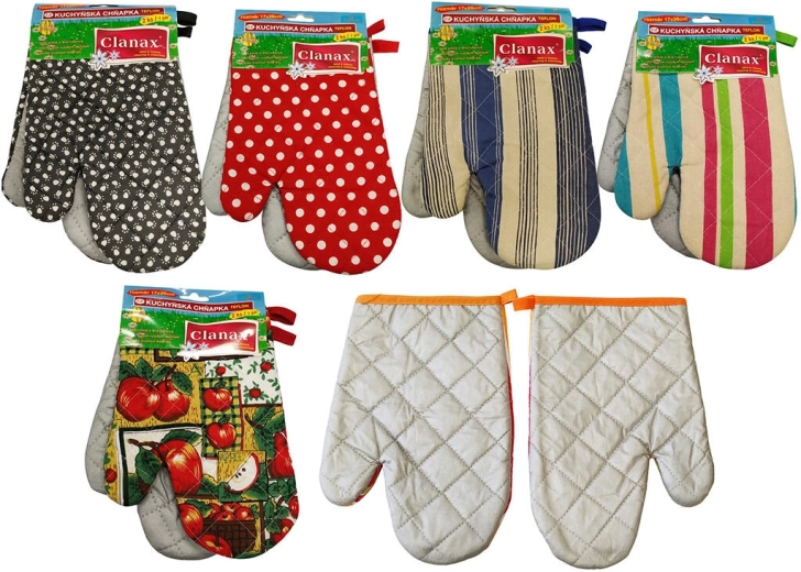 Køkkenhandske af bomuld og teflon med magnet og ophængsløkke, mix af motiver (2 stk.)