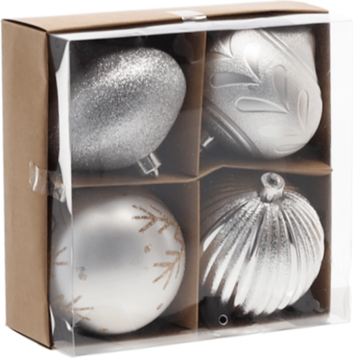 Sølvfarvede juleornamenter til træet 10 cm – sæt med 4 stk.