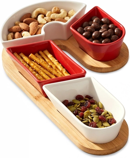 Keramiske snackskåle på bambusbakke, 5-delt sæt