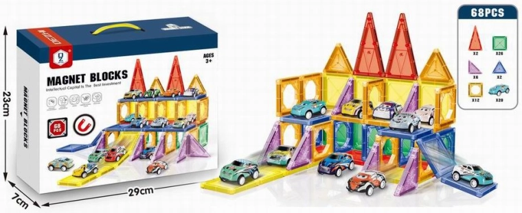 Magnetisk 3D-byggesæt med små biler, 68 dele