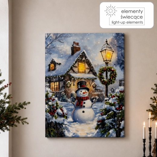 Lærredsbillede med LED-belysning – snemand i vinterlandskab 30 × 40 cm - 1 stk.