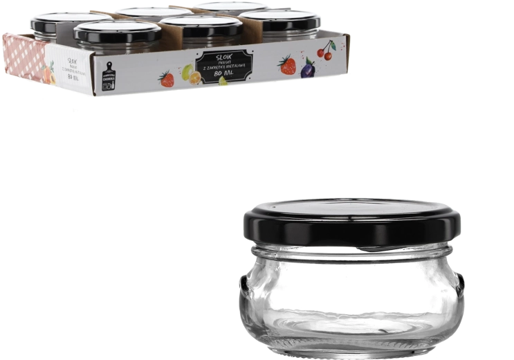 Glaskrukke 80 ml med flad form og sort metal låg