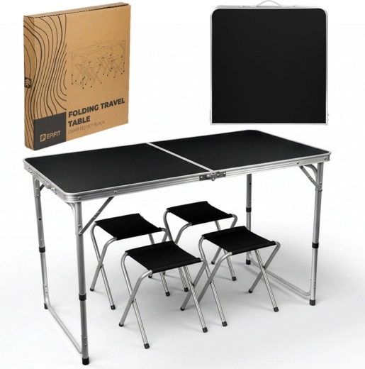 Sammenklappeligt campingbord Camp 120 sæt sort (bord + 4 stole)