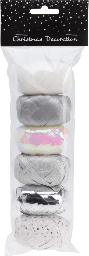 Gavebånd med glimmer 8 m hvid og sølv, pakke med 6 stk.