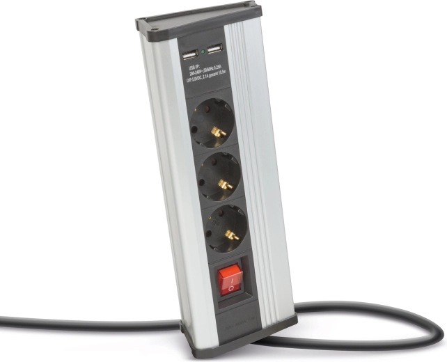 Hjørneforlænger med afbryder og USB-porte, aluminium