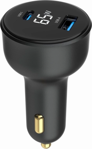 Hurtig biloplader 2× USB‑A + USB‑C PD med LCD, 65 W, sort