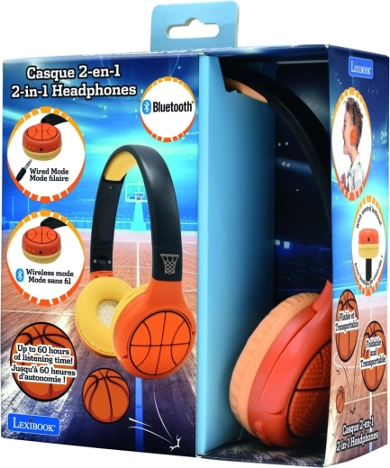 LEXIBOOK børnevenlige Bluetooth-hovedtelefoner 2-i-1 med basketballdesign