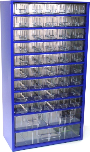 Metal skuffeskab til dele TOKOZ, 45 små + 2 mellemstore + 1 stor skuffe, 30,5 × 55 × 15,5 cm, blå