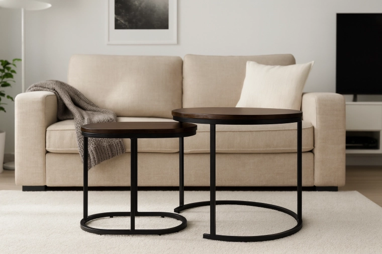 Sæt sofaborde, rundt og ovalt, brun trædekor